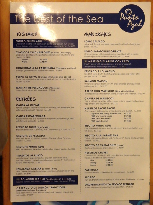 Men&uacute; de Punto Azul.